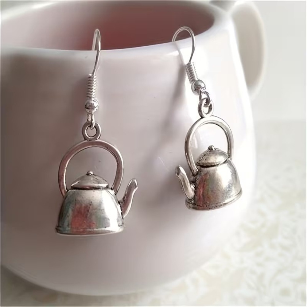 Silver Teapot Dangle Earrings Miniature Kettle Tea Party Novelty Jewelry Womens